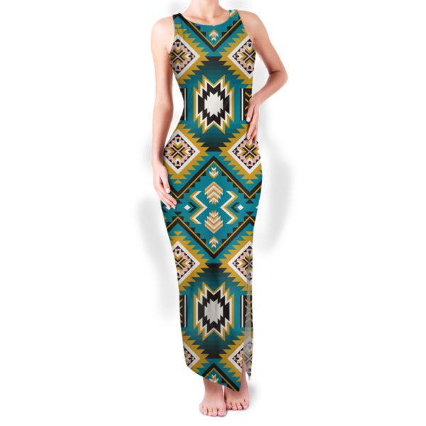 Aztec Patterns Summer Dress Women's Long Dresses  OEM Ethnic Geometric Print Maxi Sleeveless O-neck Double Slit Sundress Beach