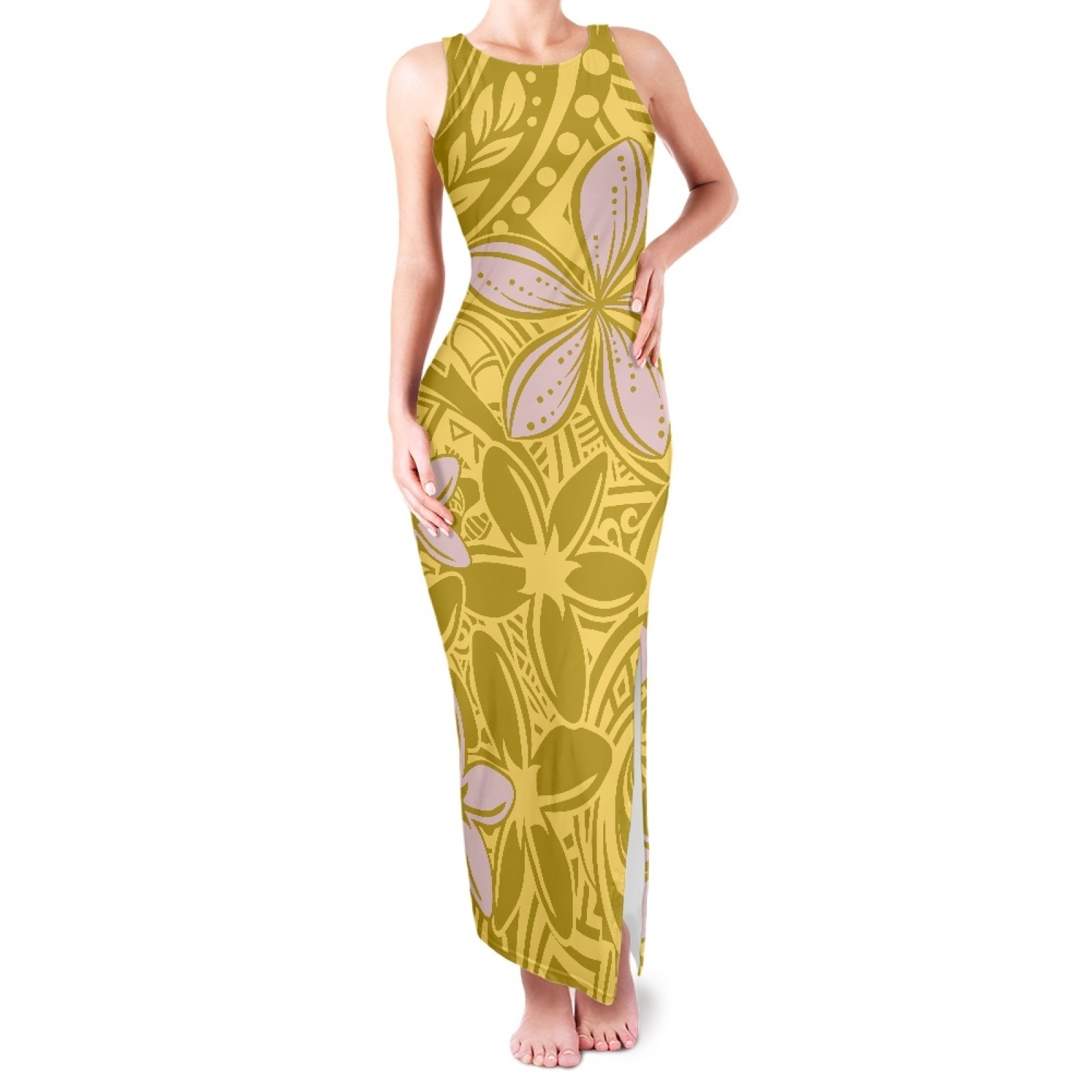 3D Polynesia Flowers Printed Sexy Maxi Long Tight Side High Split Slit Dress Sleeveless Double Slit Sundress Women's Dresses