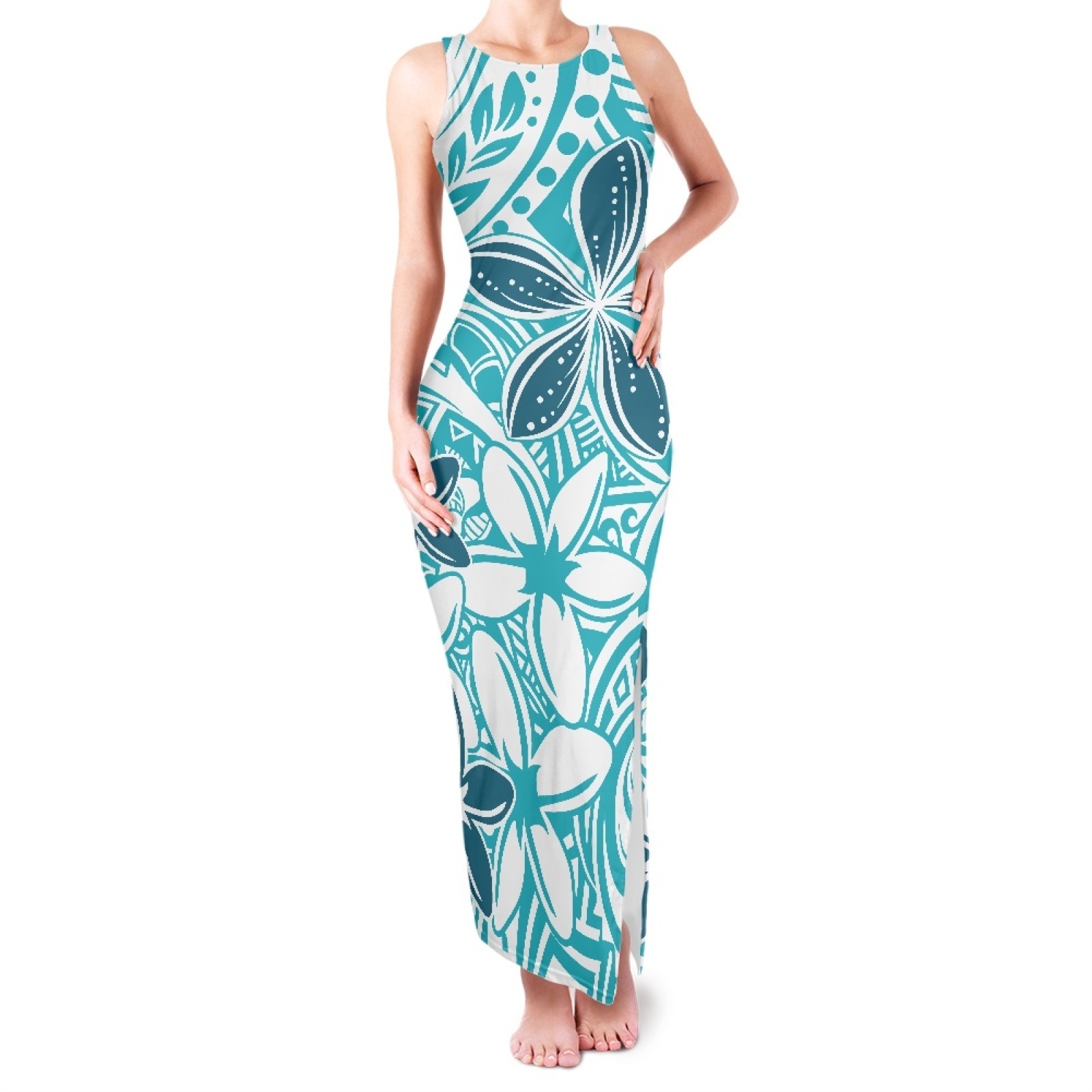 Personalized Polynesian Plumeria Tank Top Maxi Dress Bodycon Sexy Long Dresses OEM Manufacture Women's O-neck Slit Sundress