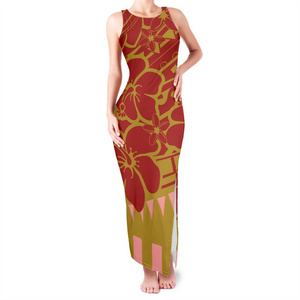 Personalized Polynesian Plumeria Tank Top Maxi Dress Bodycon Sexy Long Dresses OEM Manufacture Women's O-neck Slit Sundress