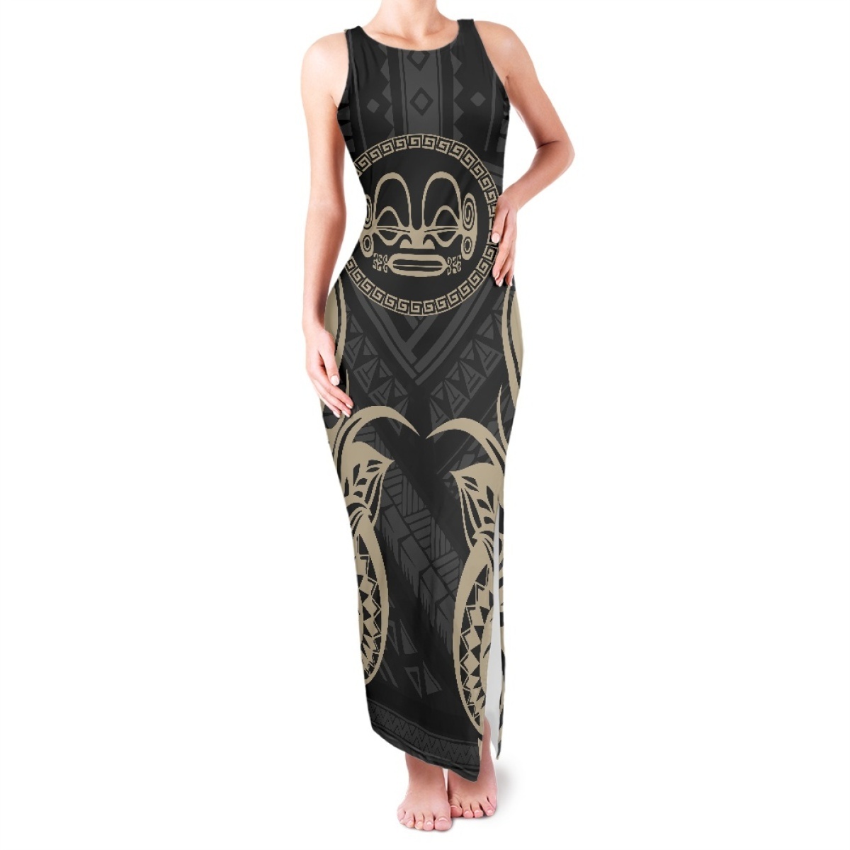 Hot Sale Polynesian Style Pattern Design Maxi Dress Women Romantic Side Split Dresses Vacation Casual Sleeveless Bodycon Dresses