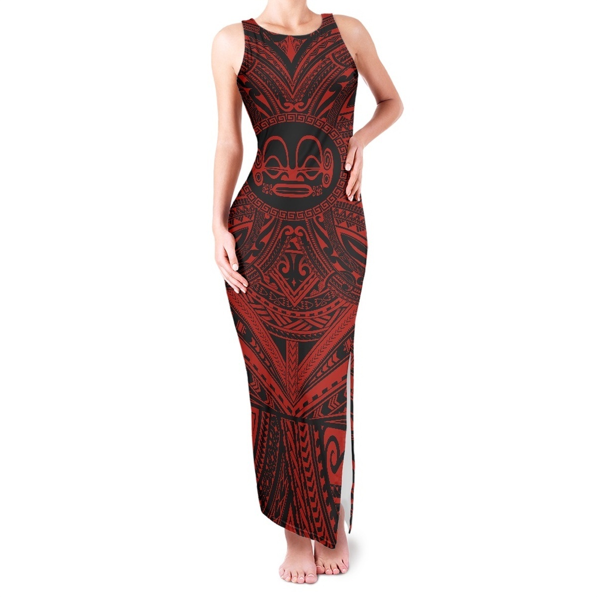 Polynesian Tribal Flowers Pattern Sleeveless Dresses High Split Dress Women Party Beach Maxi Dress Sexy Clothing  Print On Deman