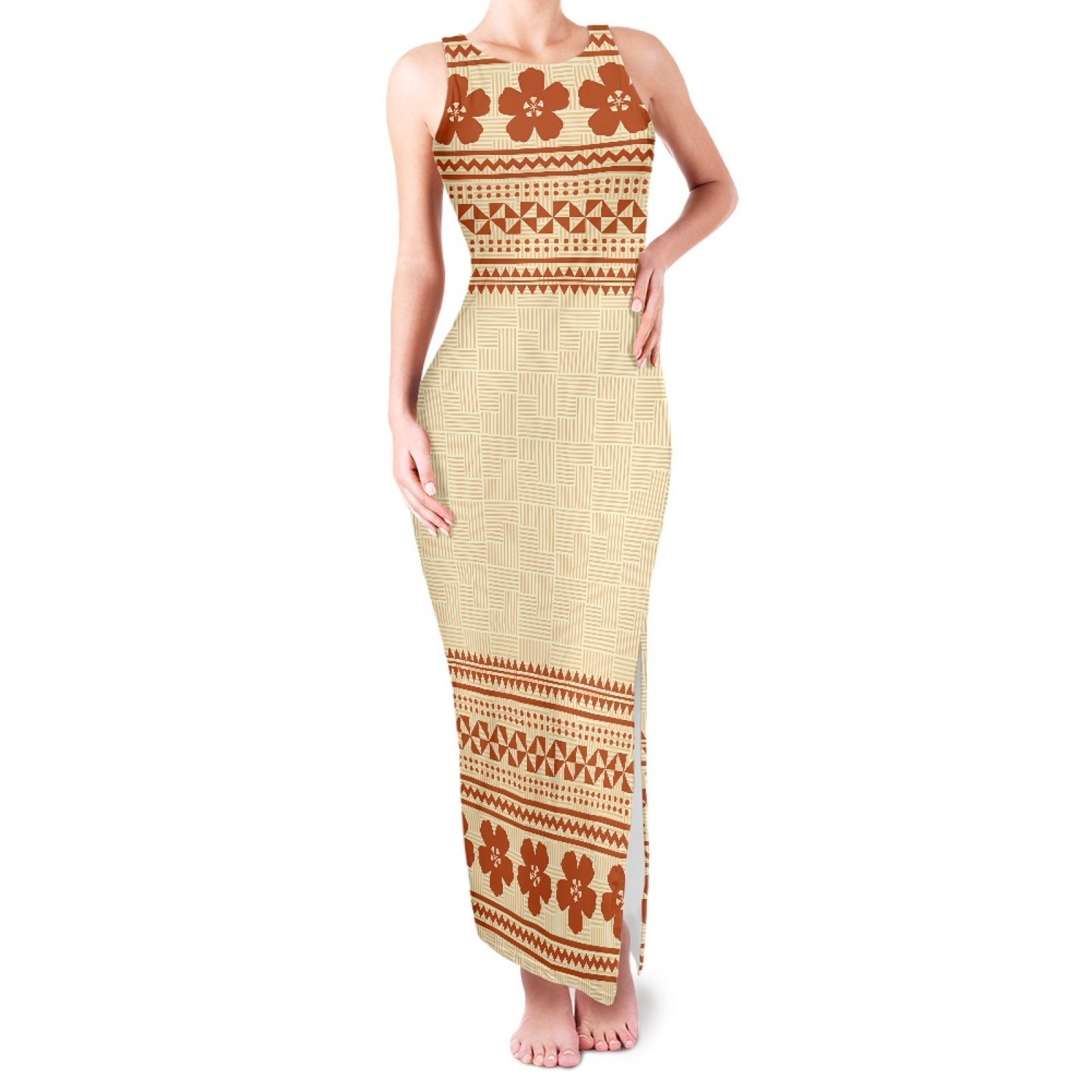 Personalized Polynesian Plumeria Tank Top Maxi Dress Bodycon Sexy Long Dresses OEM Manufacture Women's O-neck Slit Sundress