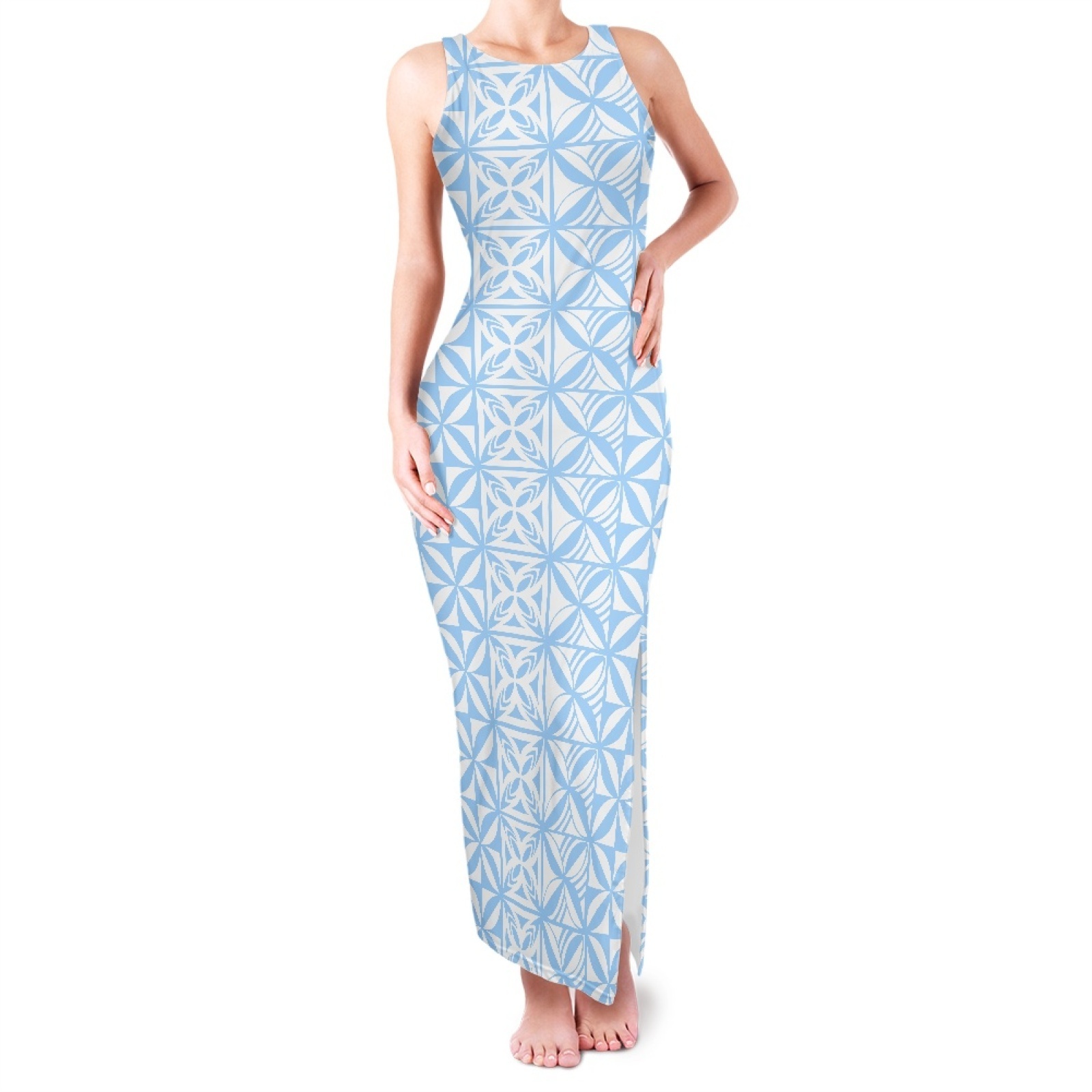 Original Polynesian Design Women's Round Neck Double Slit Sundress Wholesale Custom Logo Plus Size Bodycon Sleeveless Dresses