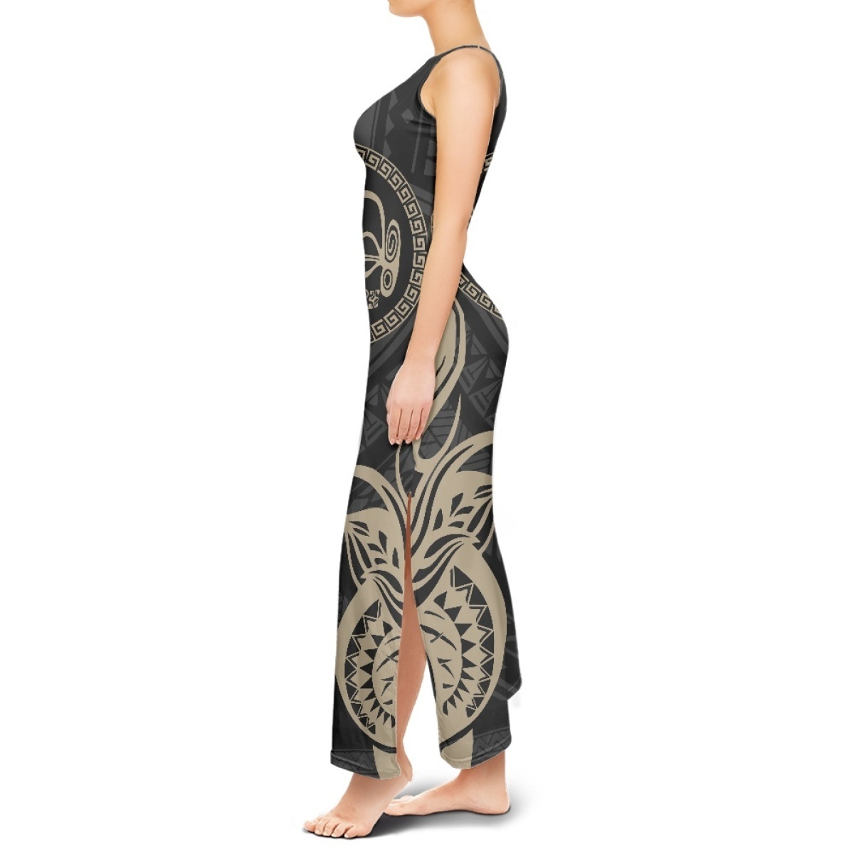 Hot Sale Polynesian Style Pattern Design Maxi Dress Women Romantic Side Split Dresses Vacation Casual Sleeveless Bodycon Dresses