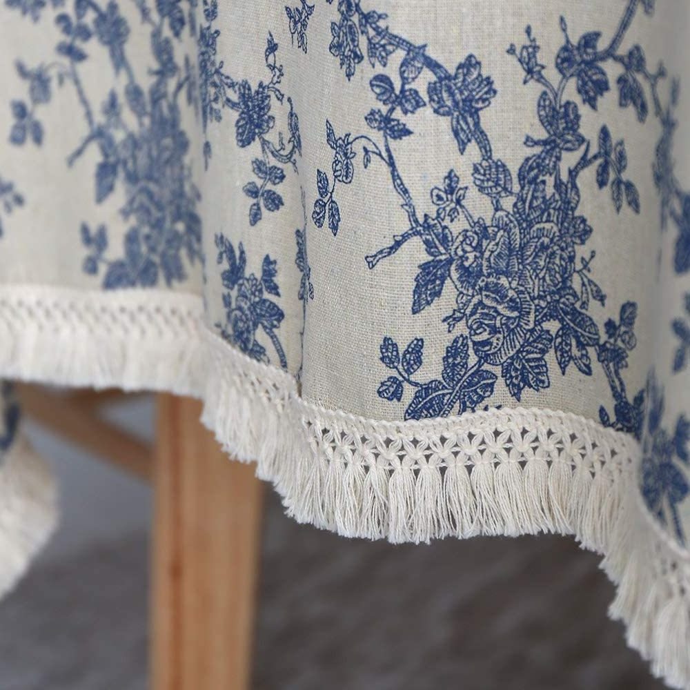 ARTABLE Tablecloth Summer Rectangle Fall Blue Antique Flower Decor Macrame Table Cloth for Outdoor Farmhouse Rustic Party