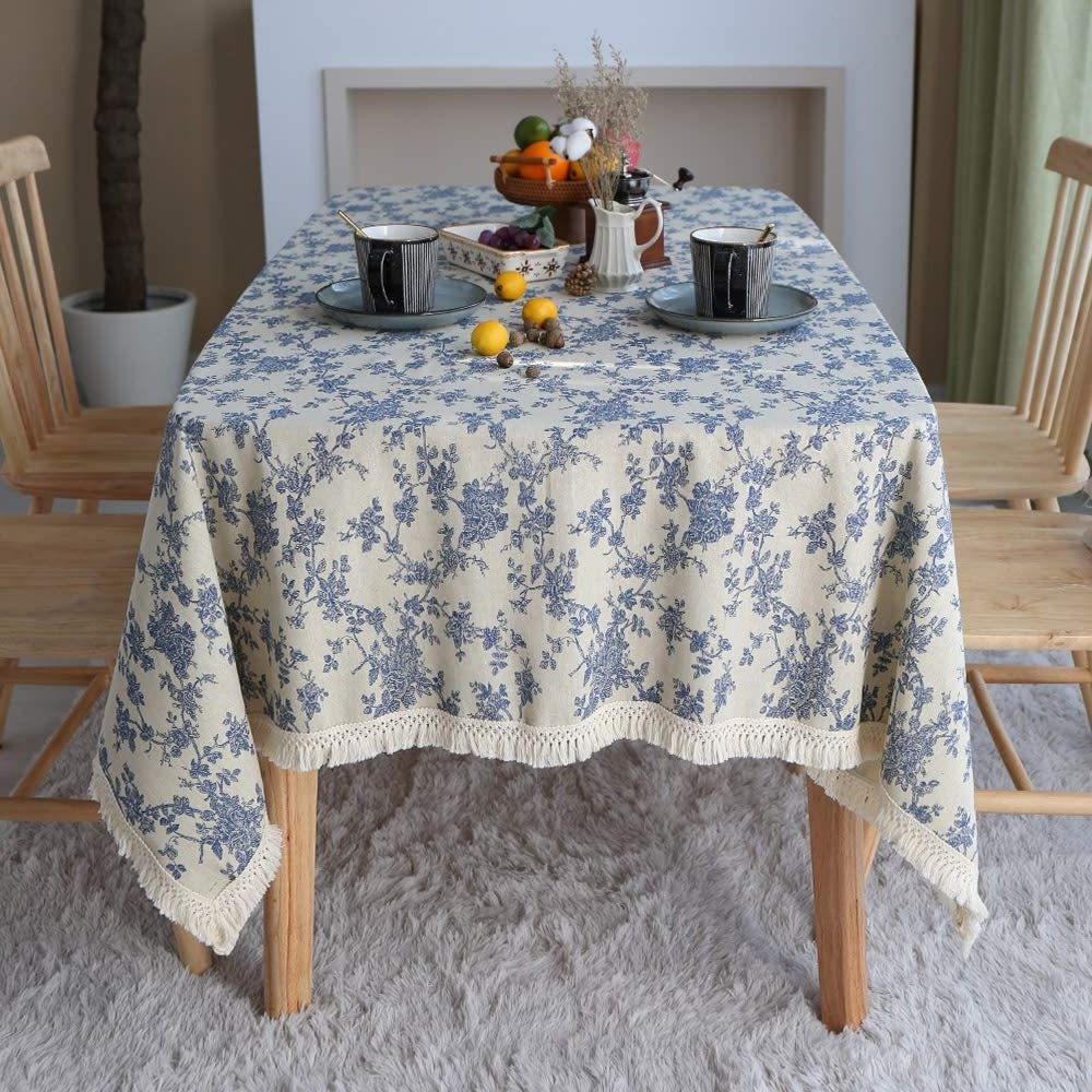 ARTABLE Tablecloth Summer Rectangle Fall Blue Antique Flower Decor Macrame Table Cloth for Outdoor Farmhouse Rustic Party