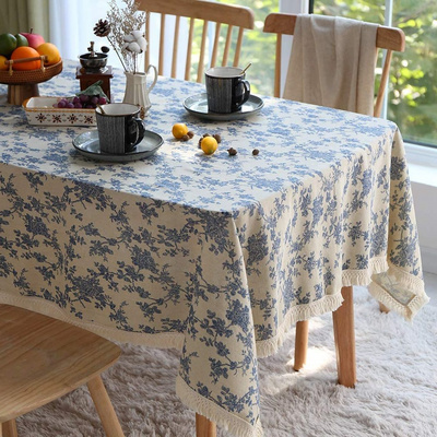 ARTABLE Tablecloth Summer Rectangle Fall Blue Antique Flower Decor Macrame Table Cloth for Outdoor Farmhouse Rustic Party