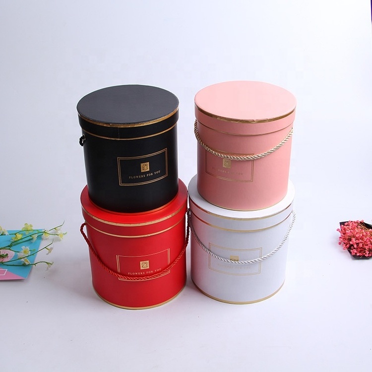 Wholesale round bucket box three piece in pink red white black gift hat box for flower wedding favor sweets candy