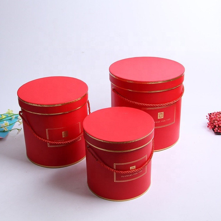 Wholesale round bucket box three piece in pink red white black gift hat box for flower wedding favor sweets candy