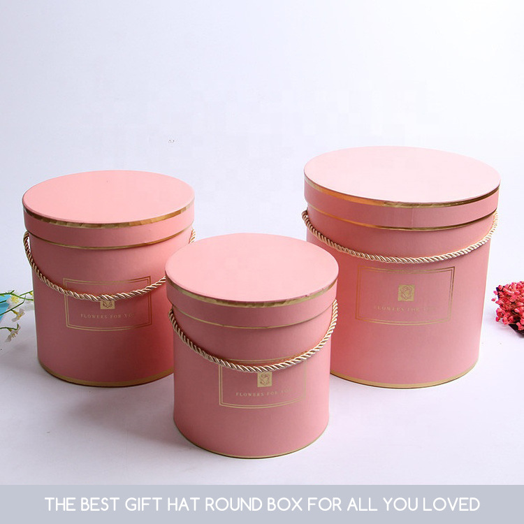 Wholesale round bucket box three piece in pink red white black gift hat box for flower wedding favor sweets candy