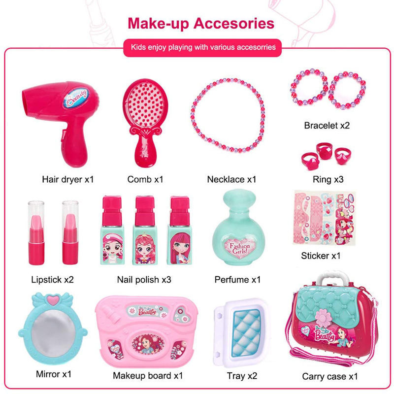 Hot Sale Pretend Play 2 In 1 Makeup Bag Princess Toys Jewelry Kit Cosmetic Dress Up Playing Set For Kids