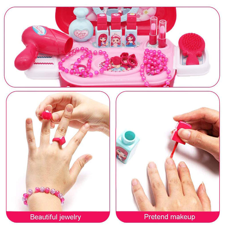 Hot Sale Pretend Play 2 In 1 Makeup Bag Princess Toys Jewelry Kit Cosmetic Dress Up Playing Set For Kids