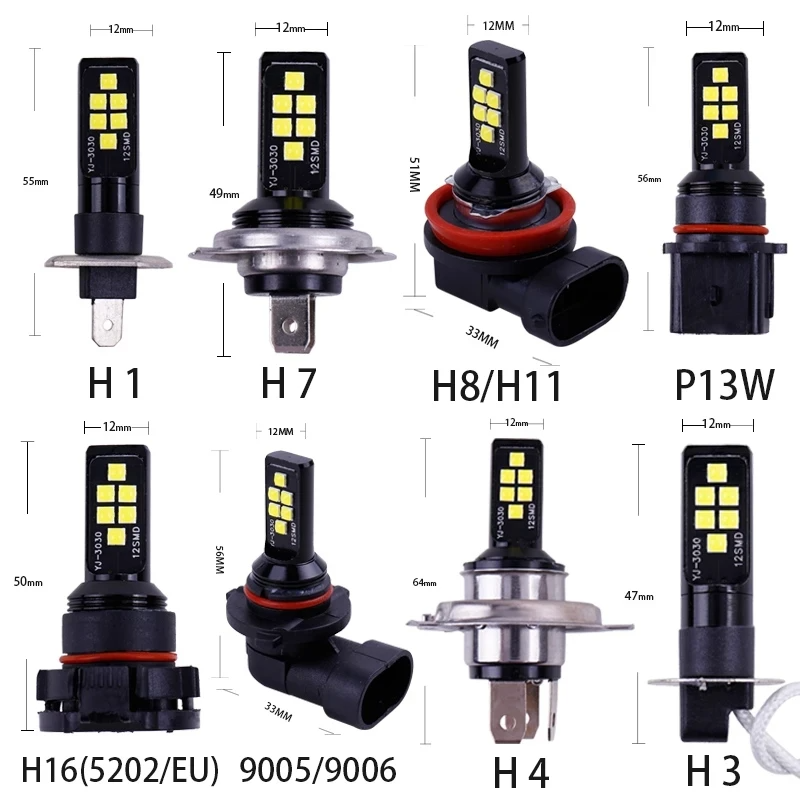 2PCS H8 H11 H1 H3 H7 H9 9005 HB3 9006 HB4 881 880 H27W LED Anti Fog Lamp Car Driving Light Auto Front Foglamps Bulb White Yellow