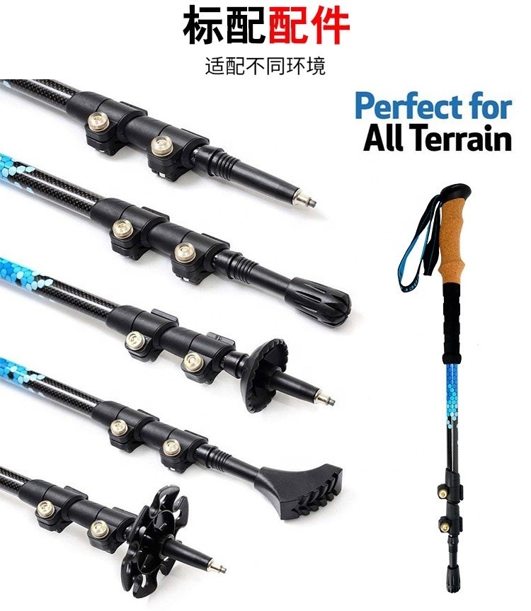 Custom Nordic 5-Section 3K Carbon Fiber Collapsible Folding Cane Ultralight Hiking Trekking Poles with EVA Handle Walking Stick