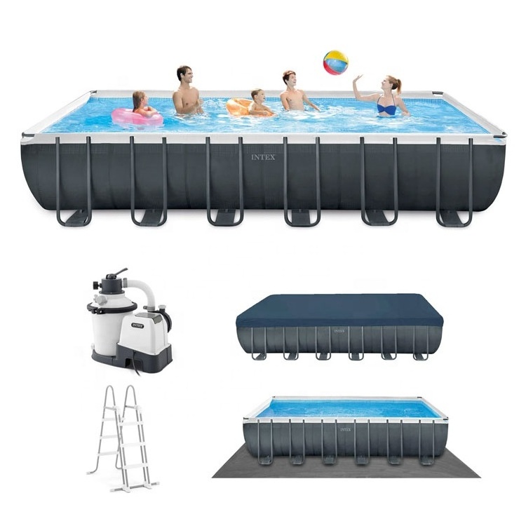 Intex 26364 folding with ladder pump outdoor water sports metal steel rectangle square frame above ground swimming pool