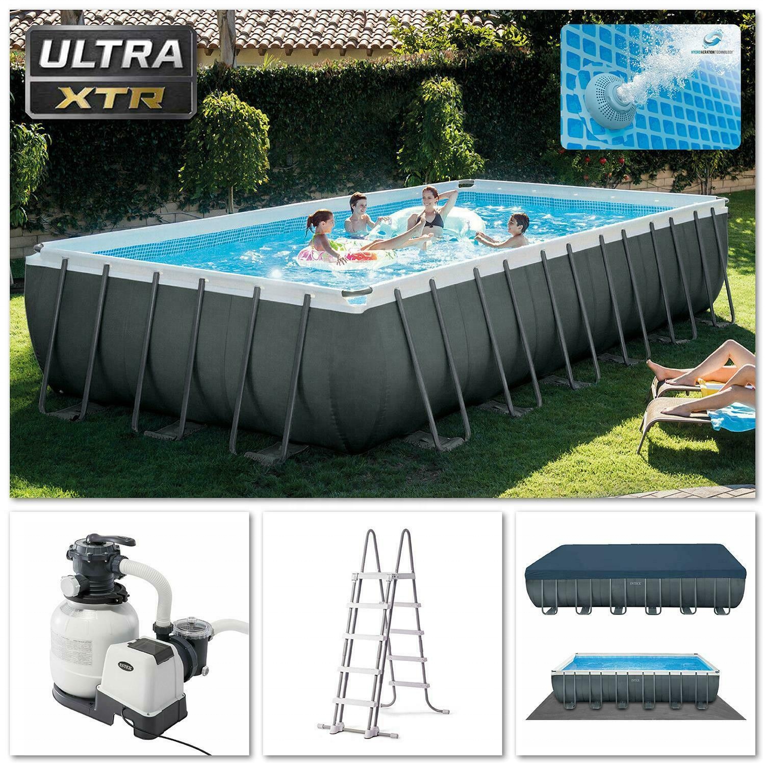 Intex 26364 folding with ladder pump outdoor water sports metal steel rectangle square frame above ground swimming pool