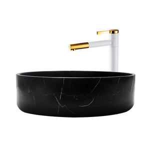 Black Round Natural Stone Vessel Bathroom Sinks Art Hand Wash Basins Sinks Above Counter Installation