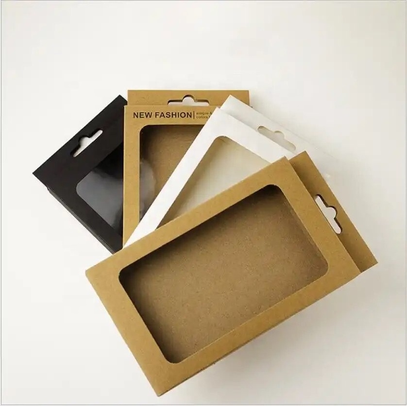 Custom Hanging Kraft Paper Box Packaging White Cardboard Phone Case Hanging Box Packaging With Clear Window