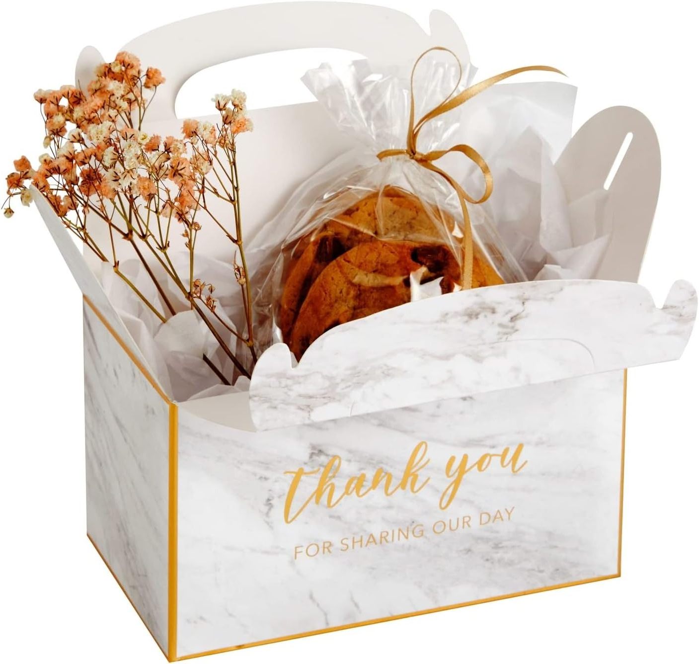 Custom White Party Favor Gable Boxes custom made gift boxes gold foil Thank You Gift paper box with handle