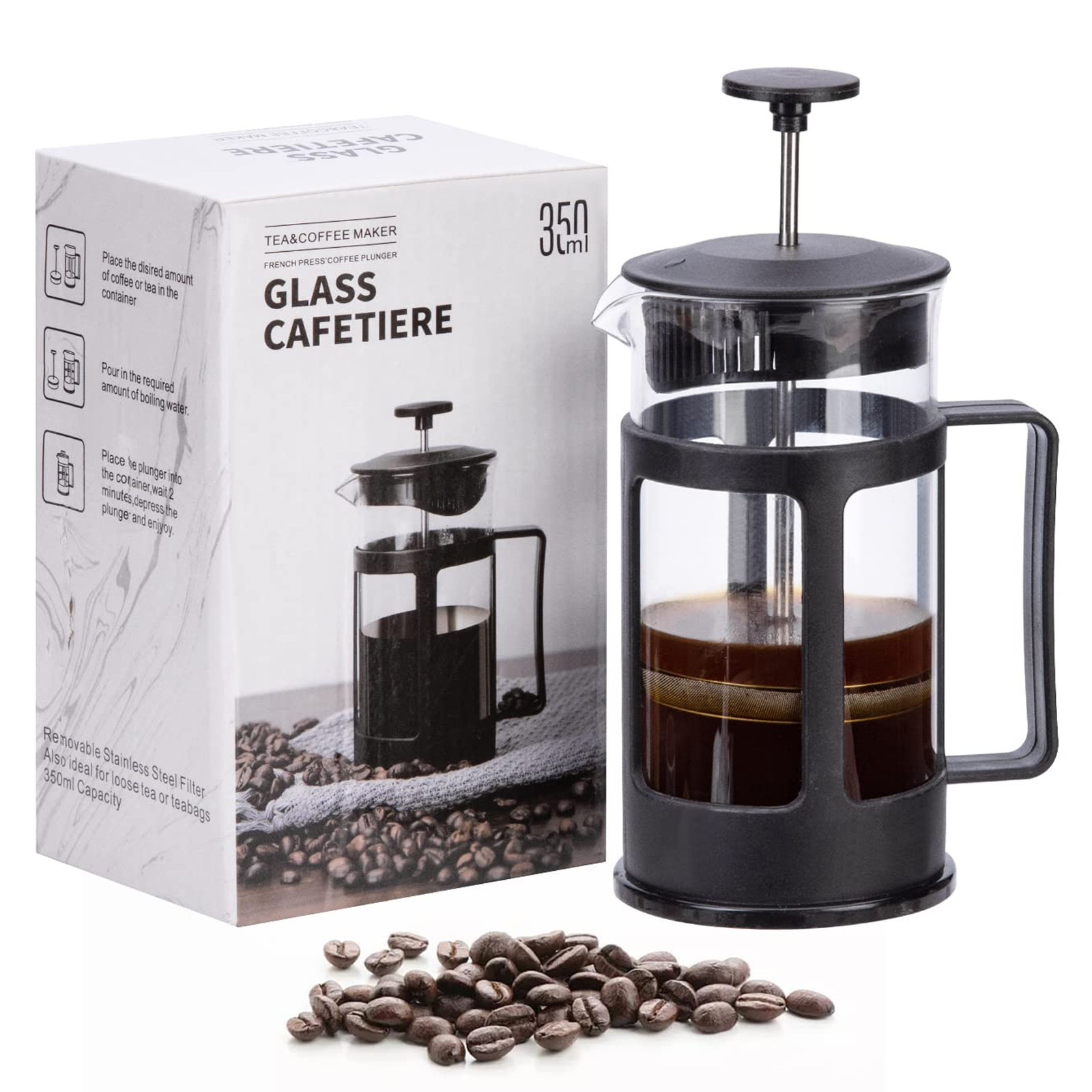 Wholesale custom glass french press cafetiere portable small mini plastic coffee tea maker pot 350ml 600ml 1L for travel camping