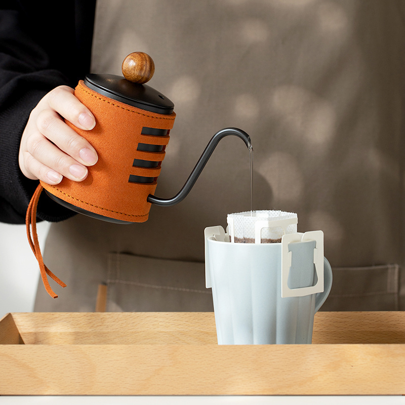 304 stainless steel coffee pour over kettle with orange cowhide sleeve