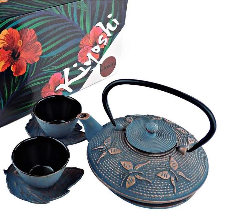 Cast Iron Tea Pot with 2 Tea Cups, 2 Saucers, Loose Leaf Tea Infuser and Teapot Trivet. Ceremonial Matcha Accessories and Iron