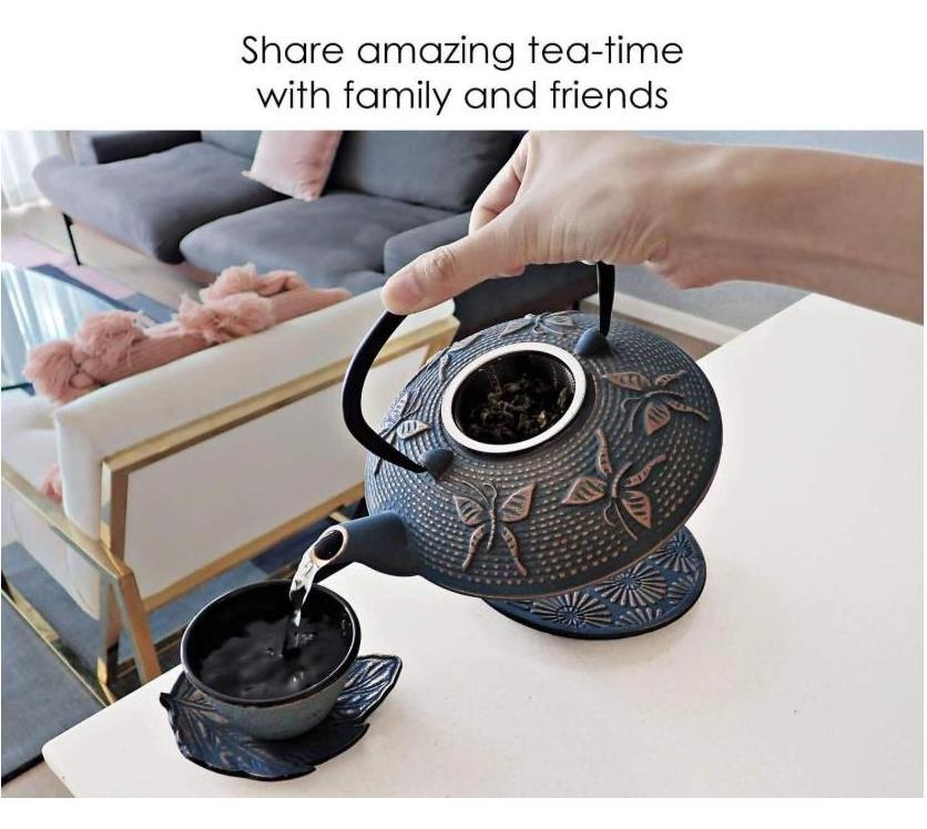 Cast Iron Tea Pot with 2 Tea Cups, 2 Saucers, Loose Leaf Tea Infuser and Teapot Trivet. Ceremonial Matcha Accessories and Iron