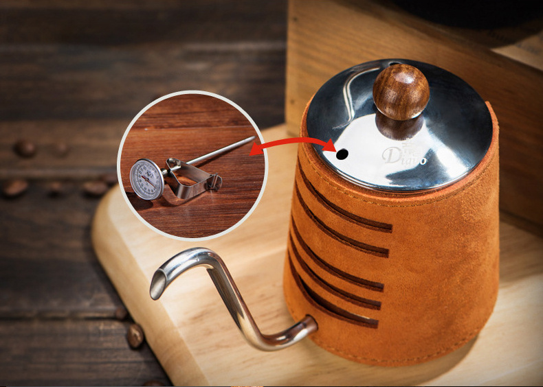 304 stainless steel coffee pour over kettle with orange cowhide sleeve