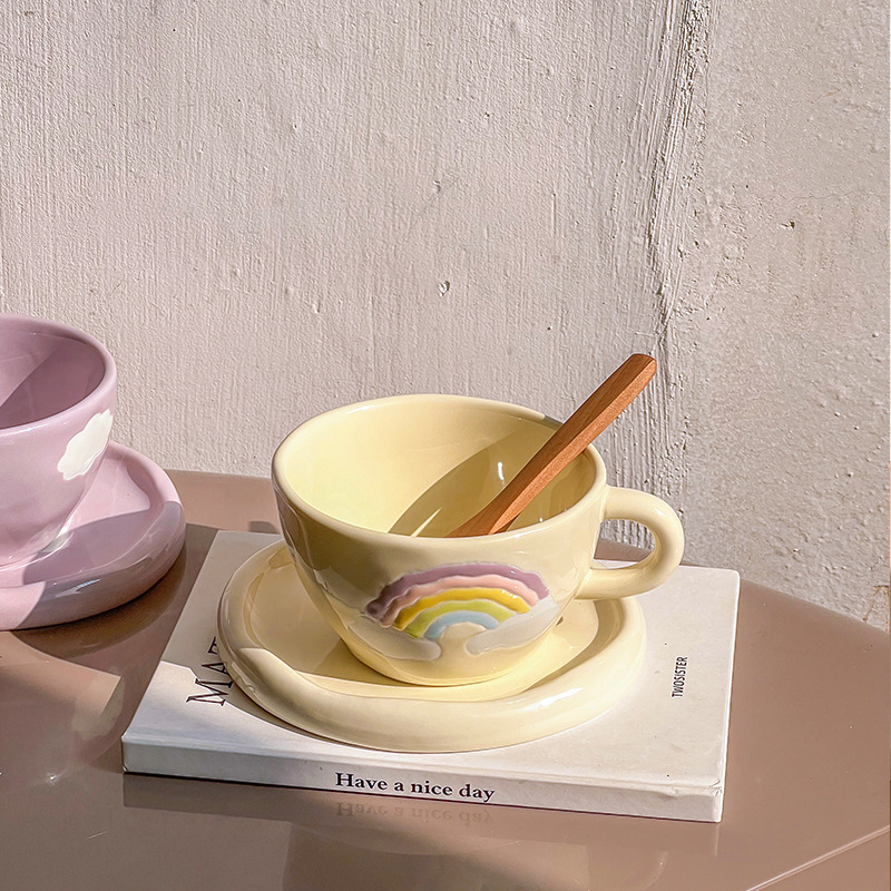 Japan style hand-painted rainbow cloud ceramic coffee cup saucer set ins wind high appearance level flower tea cup