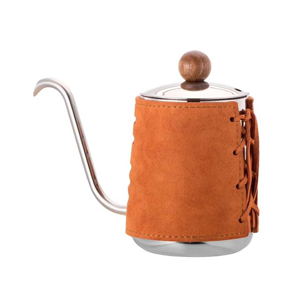 304 stainless steel coffee pour over kettle with orange cowhide sleeve