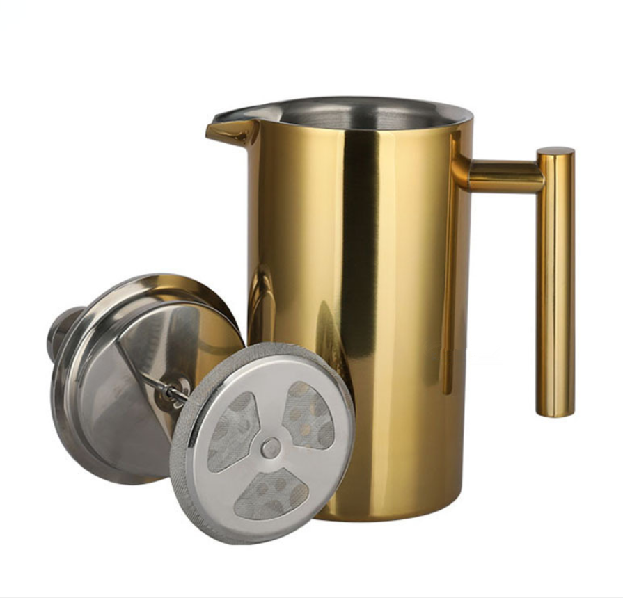 350/800/1000ML  Gold French Press Double Wall Stainless Steel Tea Cafetiere Kettle