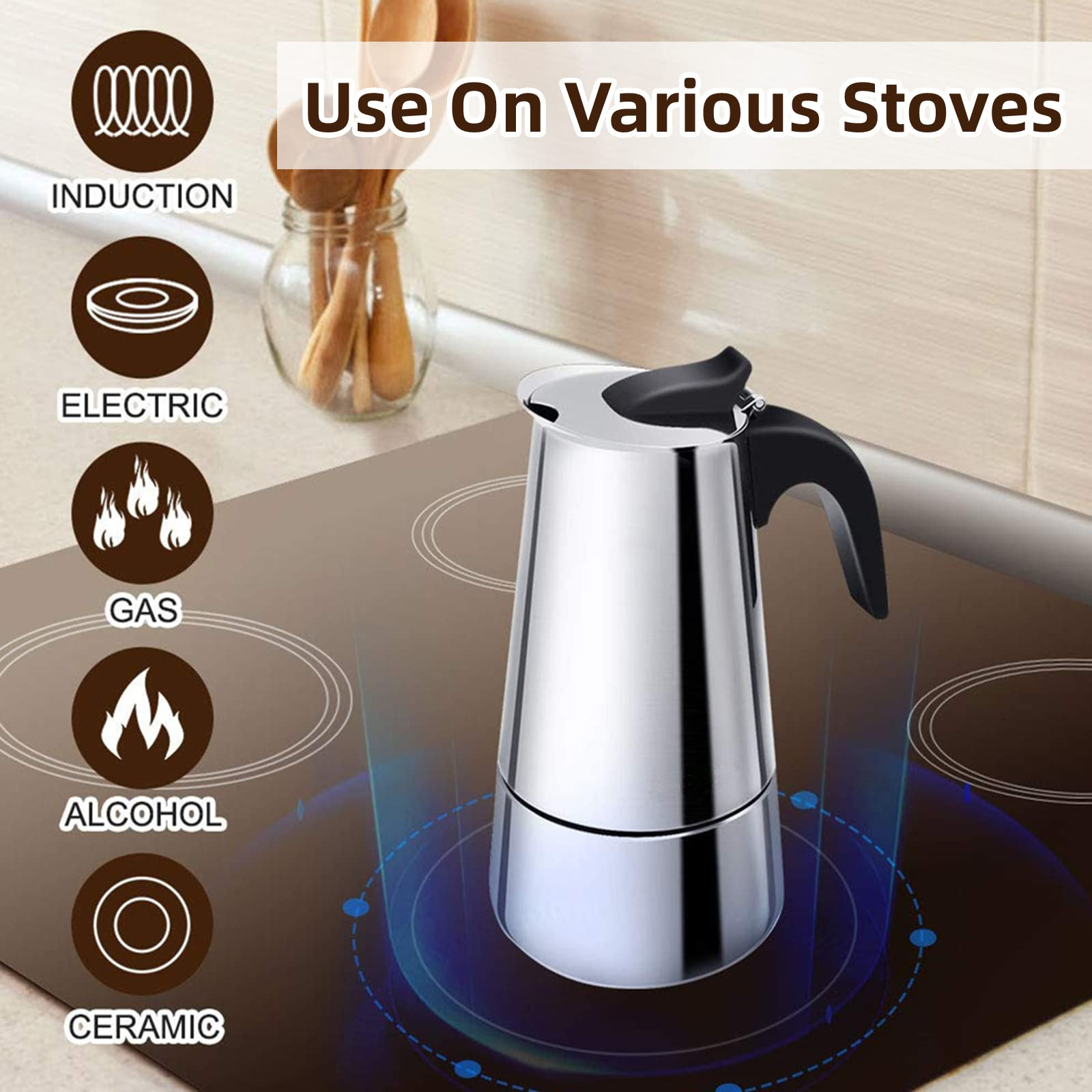 Custom portable stovetop stainless steel moka pot coffee maker 2/4/6/9/12 cup small Italian espresso cafetiere for travel camp