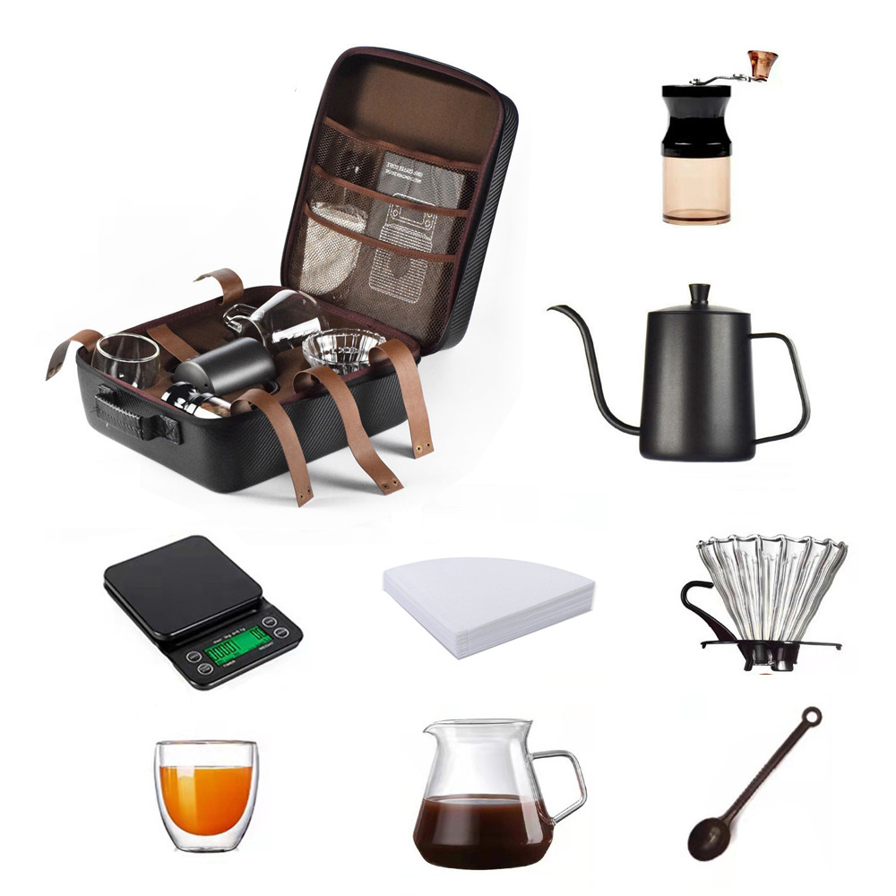 Portable pour over coffee maker kit travel gift bag set with kettle dripper grinder filter paper glass server for camp barista