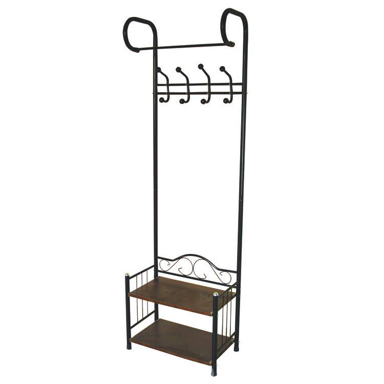 Heavy Duty 18 Hooks Coat Rack with 2-Tier Shoe Rack Shelves for Entryway Metal Black Multifunctional Clothes Shoe Rack