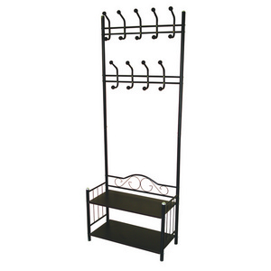 Heavy Duty 18 Hooks Coat Rack with 2-Tier Shoe Rack Shelves for Entryway Metal Black Multifunctional Clothes Shoe Rack