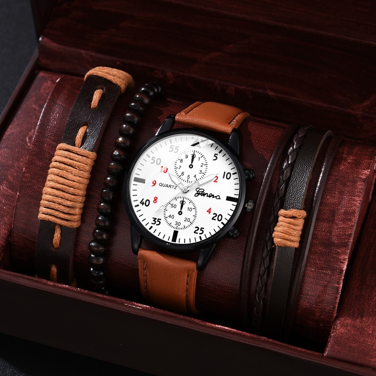 Wholesale Fashion men's bracelet watch set casual leather quartz watch men's sports bracelet jewelry