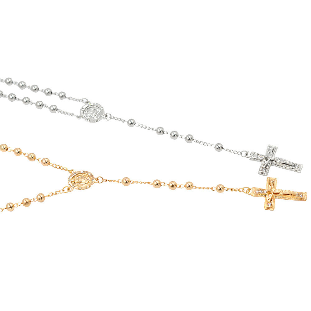 St. Benedict Gold Plated Stainless Steel Religious Long Rosary Virgin Mary Cross Necklace Catholic Rosary Necklace