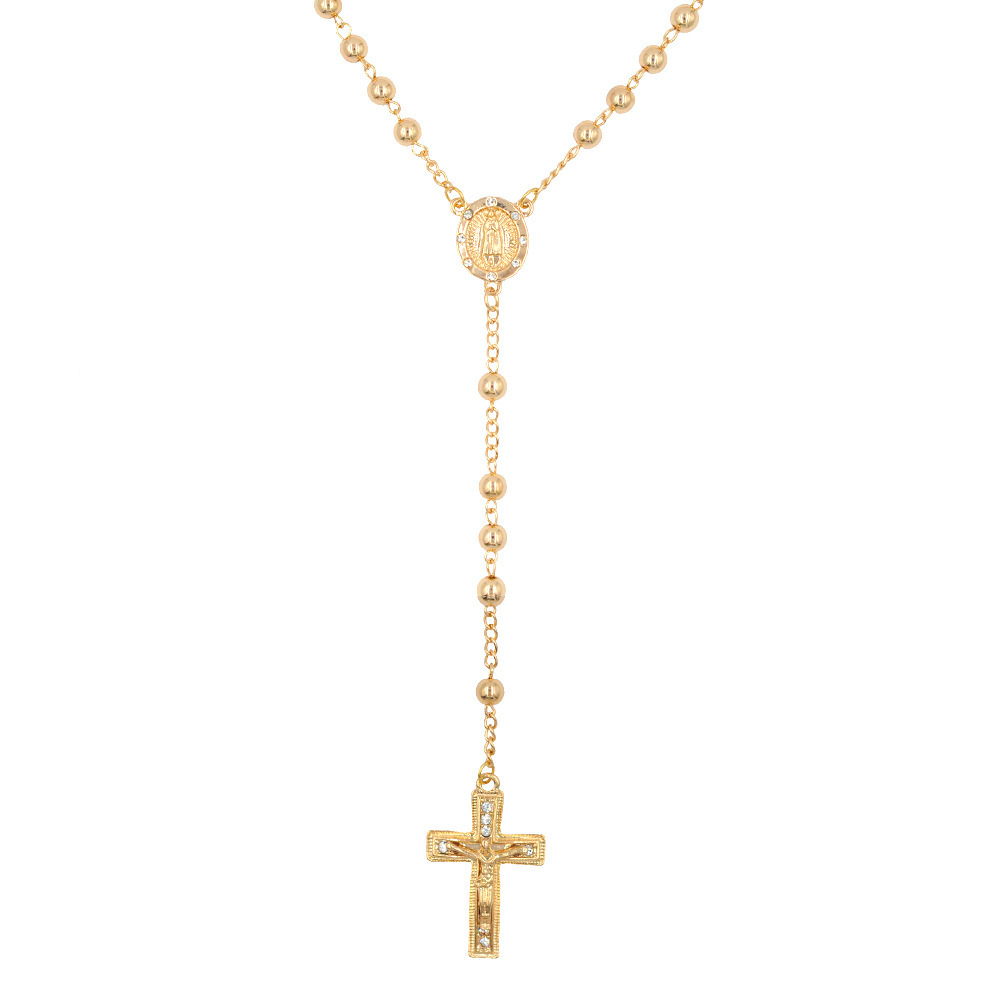 St. Benedict Gold Plated Stainless Steel Religious Long Rosary Virgin Mary Cross Necklace Catholic Rosary Necklace