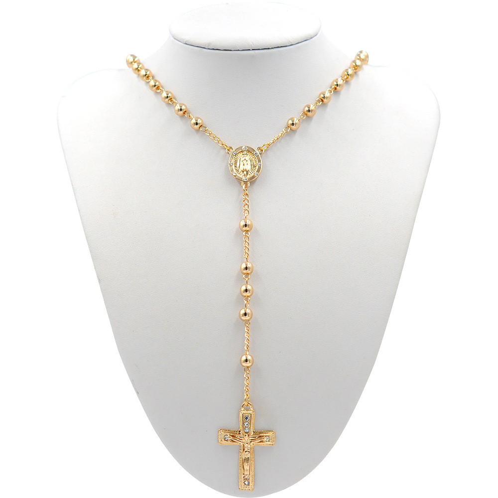 St. Benedict Gold Plated Stainless Steel Religious Long Rosary Virgin Mary Cross Necklace Catholic Rosary Necklace