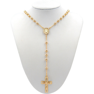 St. Benedict Gold Plated Stainless Steel Religious Long Rosary Virgin Mary Cross Necklace Catholic Rosary Necklace