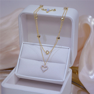 2023Dainty Tiny Gold Plated Double Layer Necklace Heart Shaped Rhinestone Pendant Necklace Jewelry For women