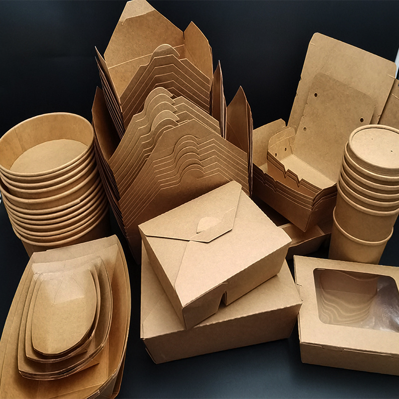 Disposable takeaway food containers brown kraft paper take out food lunch boxes