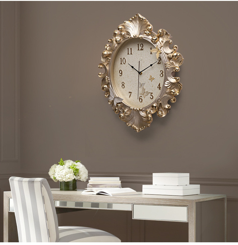 European living room gold scanning clock creative epoxy ceramic inlaid butterfly exquisite carved wall clock 3d