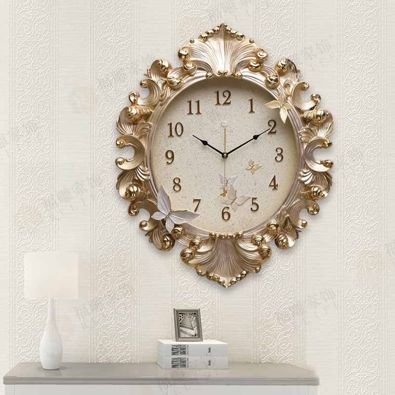 European living room gold scanning clock creative epoxy ceramic inlaid butterfly exquisite carved wall clock 3d