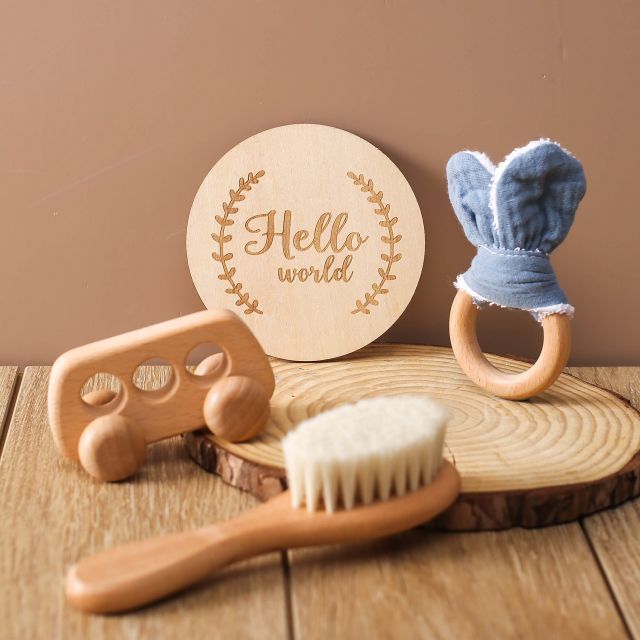 Baby educational toys wooden stroller milestone set of four wool brush bath photo rabbit ears teethers toy set