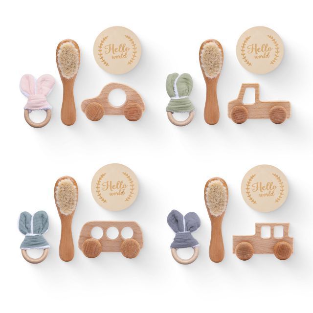 Baby educational toys wooden stroller milestone set of four wool brush bath photo rabbit ears teethers toy set