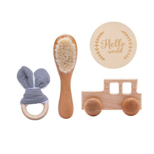 Baby educational toys wooden stroller milestone set of four wool brush bath photo rabbit ears teethers toy set