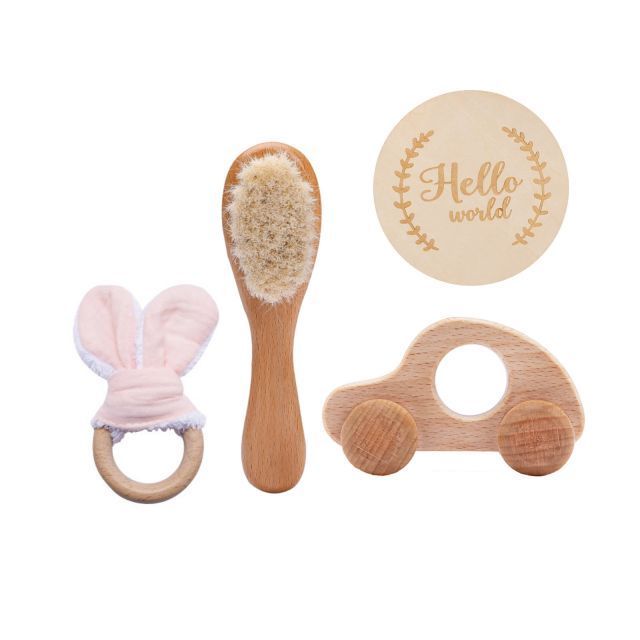 Baby educational toys wooden stroller milestone set of four wool brush bath photo rabbit ears teethers toy set