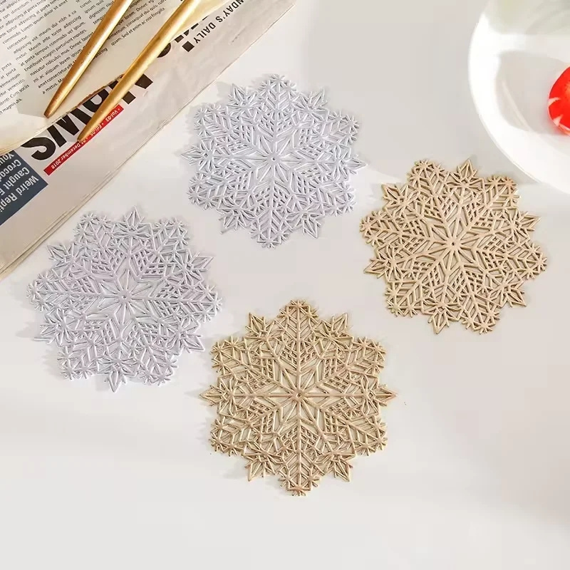 Christmas Snowflake Place Mats Gold Metallic Festive Vinyl Table Mat Washable for Holiday Dinner Table Doilies Decor